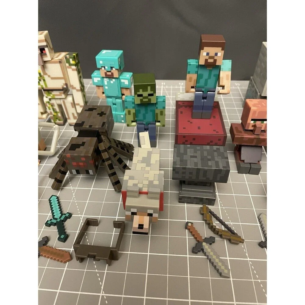 Minecraft Figures Lot Of 38 Animals Blocks Bed Weapons Jazwares Mojang